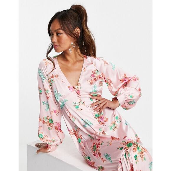 asos Design Pink Tea Dress Floral Babydoll Bust Button Sz 0 Y2K Prairie Festival - Picture 10 of 12